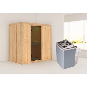 Karibu Sauna Vera mit Ofen und Graphit Glastür. Massivholzsauna mit Ofen und Steinen.