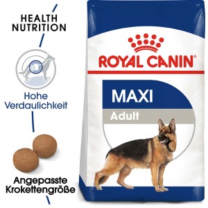 Royal Canin Maxi Adult Trockenfutter für große Hunde, 15kg Sack mit Schäferhund Abbildung.