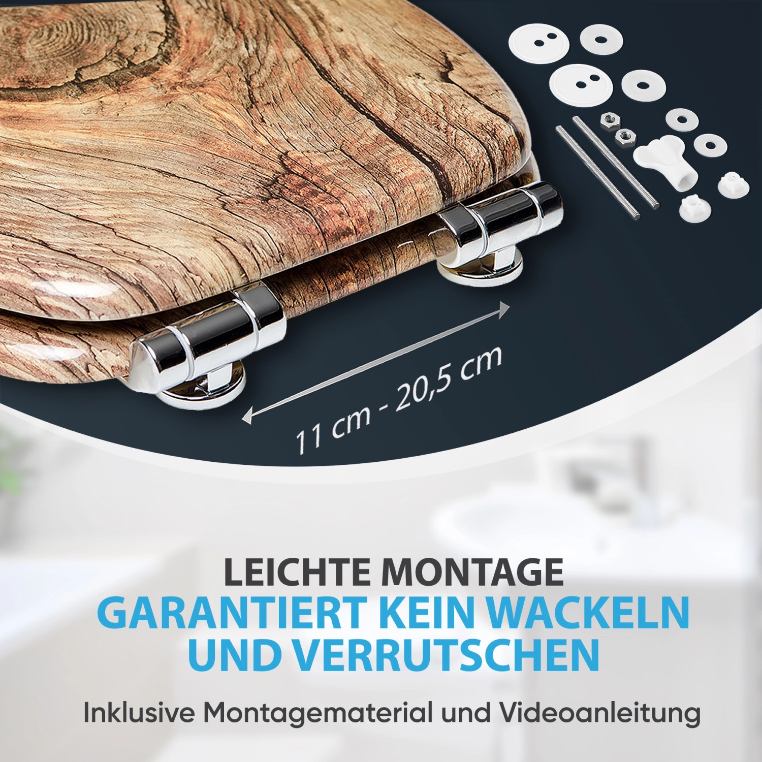 Sanilo WC-Sitz Rustikal mit Absenkautomatik, Holz-Toilettendeckel mit Montagezubehör.