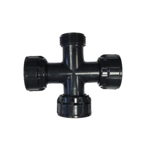 Schwarzer PVC Kreuzverteiler 1 Zoll für Pool Verrohrung. Robuster Rohrverbinder mit Klemmverschlüssen.