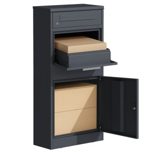 Anthrazitfarbene KARAT Paketbox Francois mit Briefkasten und geöffneten Fächern mit Paketen.