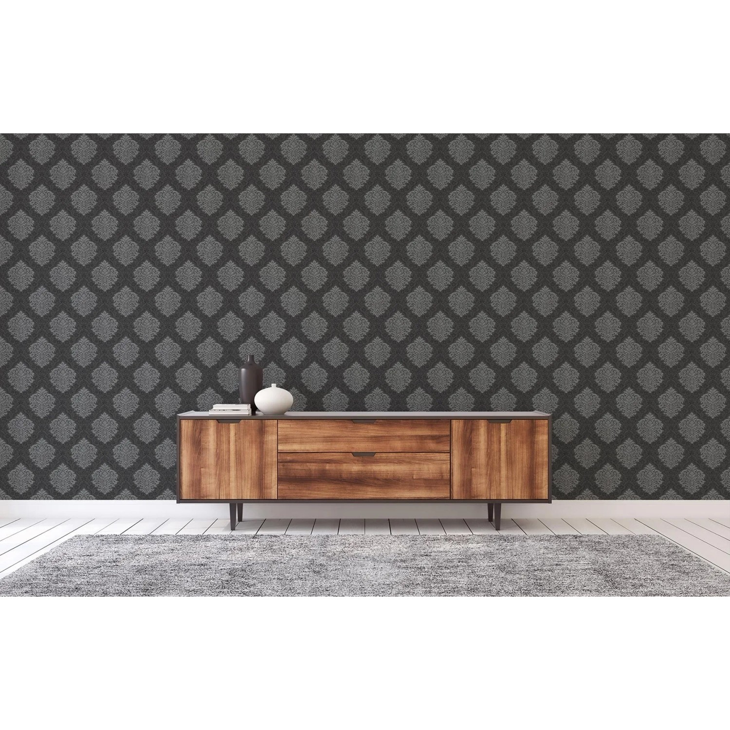 Tadessi Barock Tapete Jacopo M1 No 2308, silber/schwarz, Vliestapete mit Barock Ornament.