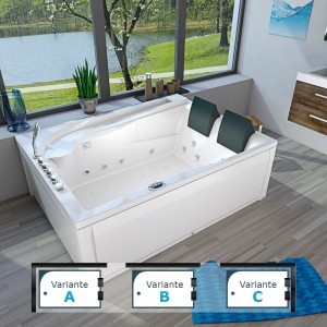AquaVapore Whirlpool Badewanne 180x135cm, weiße Eckwanne mit Nackenkissen und Armaturen.