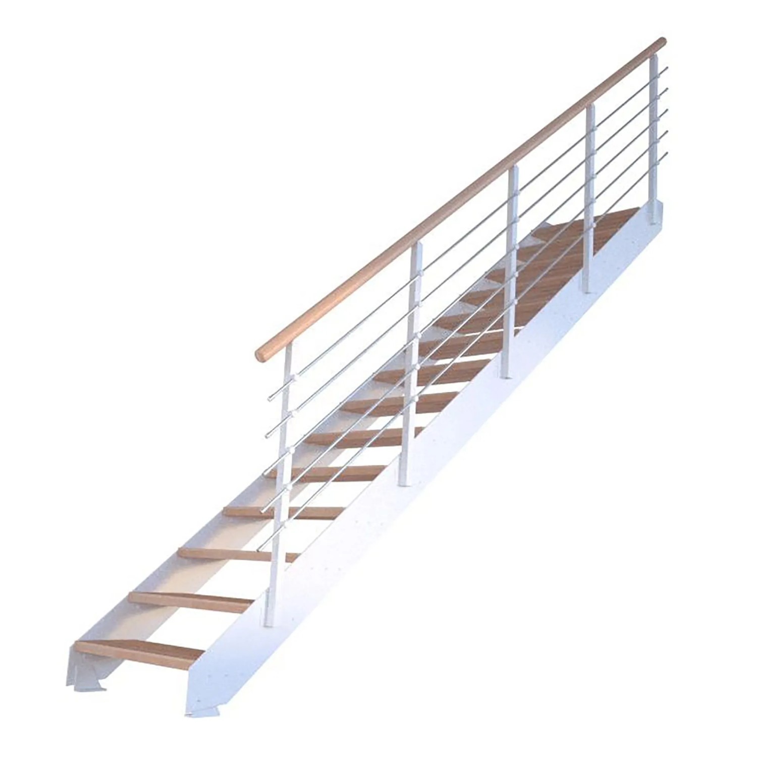 Treppe Kos, 16 Stufen, Buche natur, Metallgeländer weiß, FSC®-zertifiziert.