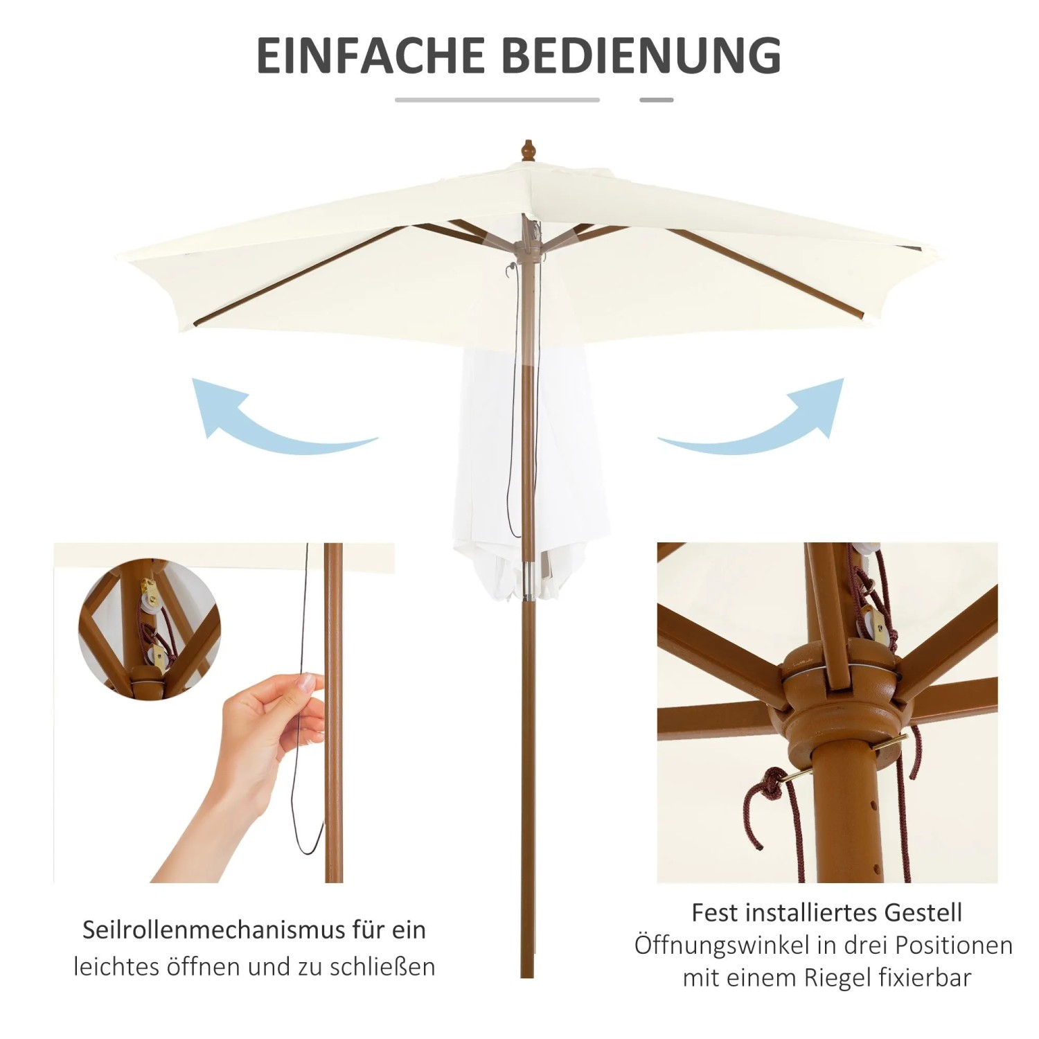 Furnicato Sonnenschirm Bambus, Ø 250 cm, weiß, mit Seilzugmechanismus und Windfestigkeit.