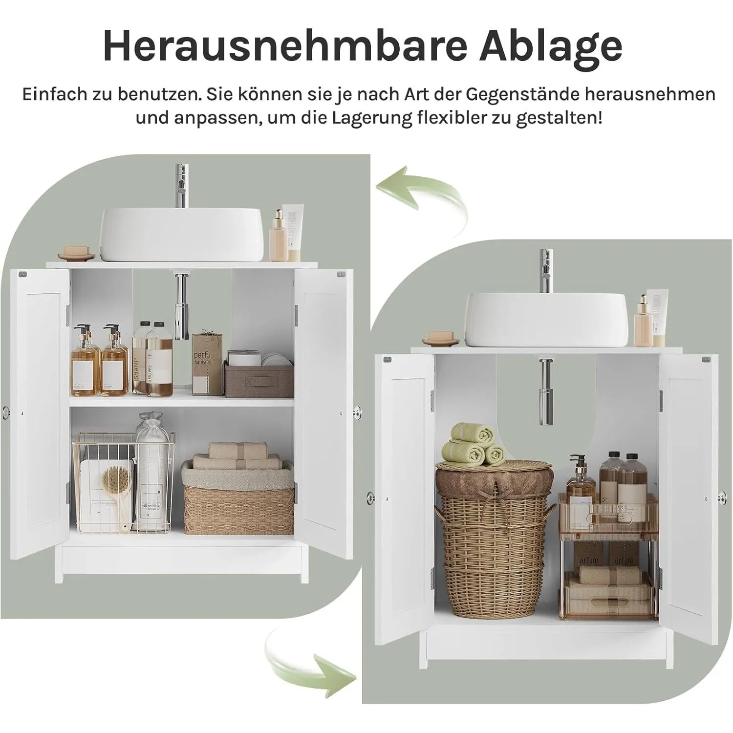 Weißer Waschbeckenunterschrank mit herausnehmbarem Einlegeboden für flexible Stauraumgestaltung im Bad.