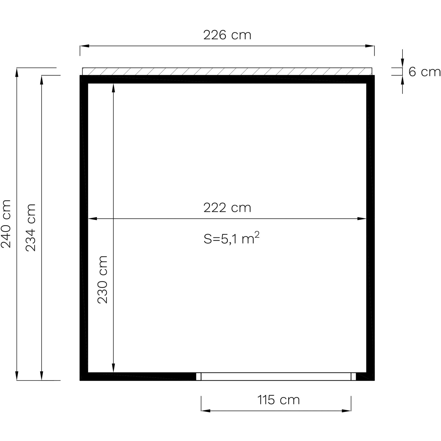 Grundriss Bertilo Pavillon Garten-Lounge 1 Natur, 234x226 cm, mit Maßangaben.