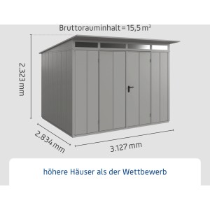 Ecostar Gerätehaus Elegant Typ 3, Graualuminium, mit Pultdach und Doppeltür. Metall Gerätehaus mit Maßen.