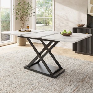 Merax Ausziehbarer Esstisch 120-160x80cm  Marmoroptik  Kreuzgestell Schwarz