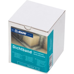 Mapei Dichtband, 10 m x 12 cm, auf der Verpackung. Flexibles Abdichten für Bad und Küche.