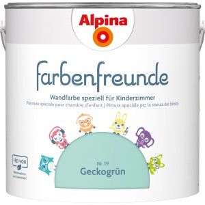 Dose Alpina Farbenfreunde Geckogrün, seidenmatte Kinderzimmerfarbe. Frei von Lösemitteln, ausgezeichnet mit dem Blauen Engel.