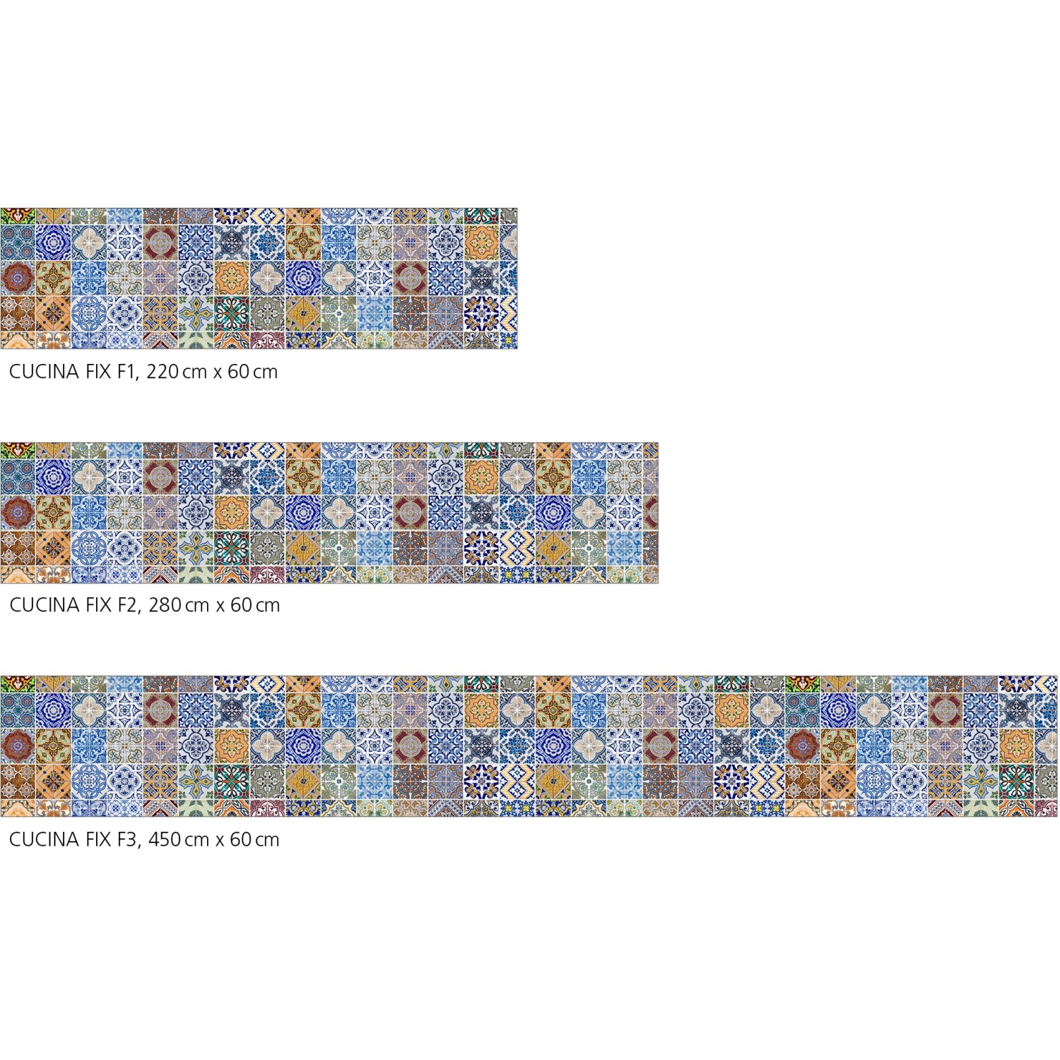 Myspotti Küchenrückwandfolie Pablo Fliese, selbstklebend, mit bunten Fliesenmustern.