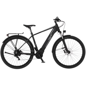 Schwarzes Fischer E-Bike Terra 5.0i (51 cm) mit Gepäckträger und Schutzblechen.