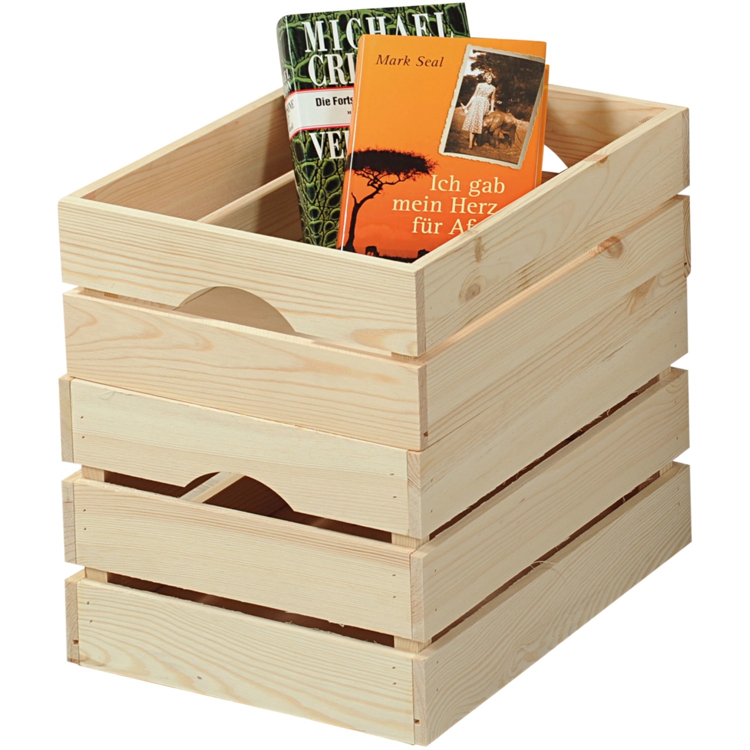Gestapelte Kesper Holzkisten Kiefer, 9 l, mit Büchern. Aufbewahrungsboxen aus Holz.