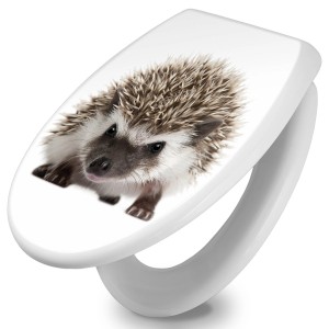 Weißer WC-Sitz mit Absenkautomatik und Igel-Motiv von Banjado aus Duroplast.