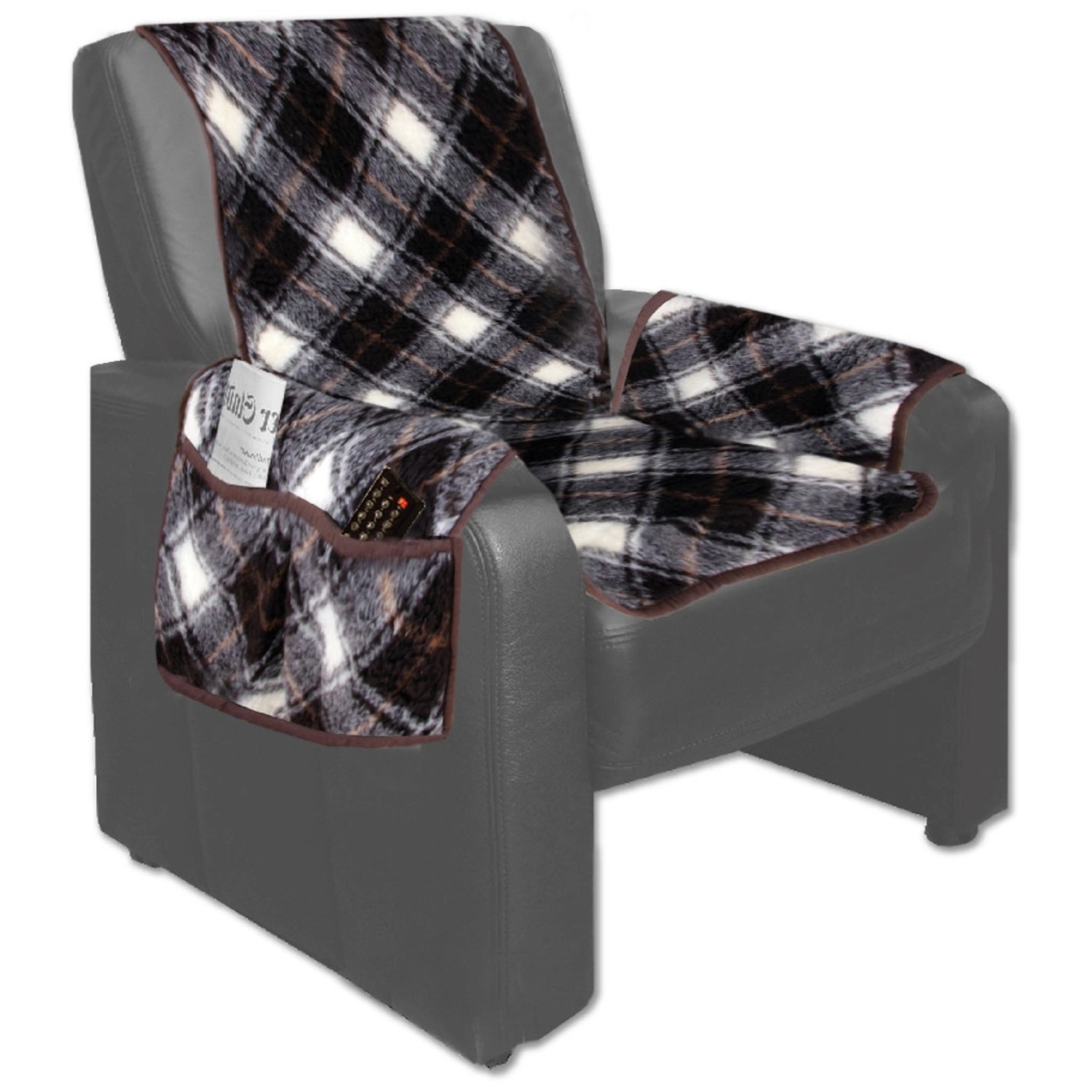 Bestlivings Sesselschoner Lammflor, dunkelbraun gemustert, mit Taschen für Fernbedienung.