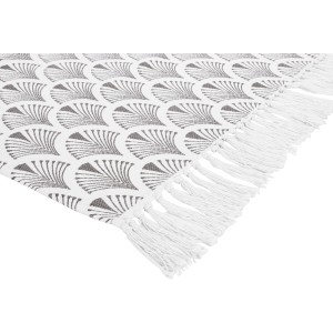 Gemusterter OBI Baumwollteppich in Weiß-Grau, 60x90 cm, mit Fransen. Wollteppich mit modernem Design.