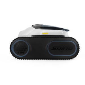 Weißer Mammotion Akku-Poolreinigungsroboter Spino E1 von der Seite. Moderner Poolroboter mit schwarzen Raupenketten.