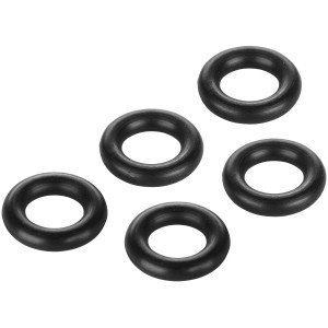 Fünf schwarze O-Ringe (Ø 2 mm x Ø 5 mm) aus Gummi für Dichtungen.