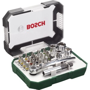 Bosch Schrauberbit-Set, 26-teilig mit Ratsche und farbcodierten Bits in Aufbewahrungsbox.