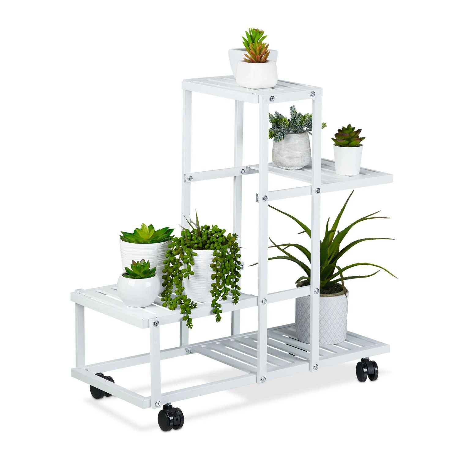 Relaxdays Pflanzenständer 4 Ablagen Stahl Weiß Rollbar 60,5 cm x 61,5 cm x 26 cm 2,1 kg