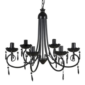 Schwarze Pendelleuchte mit 6 Lampenfassungen und Acryl-Kristallen, geeignet für Wohn- und Esszimmer.