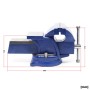 Blauer Wiltec Light Duty Schraubstock mit 150mm Klemmbacke, Amboss und Maßen. Spannwerkzeug für Werkbank.