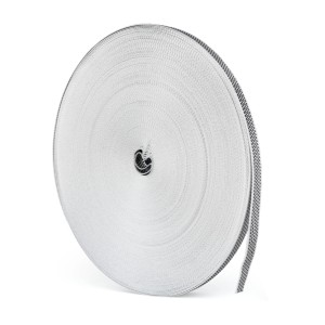 Aufgerollter Bauheld Rollladengurt, 50m, 14mm, in Schwarz-Weiß. Gurtband für Rollladen.