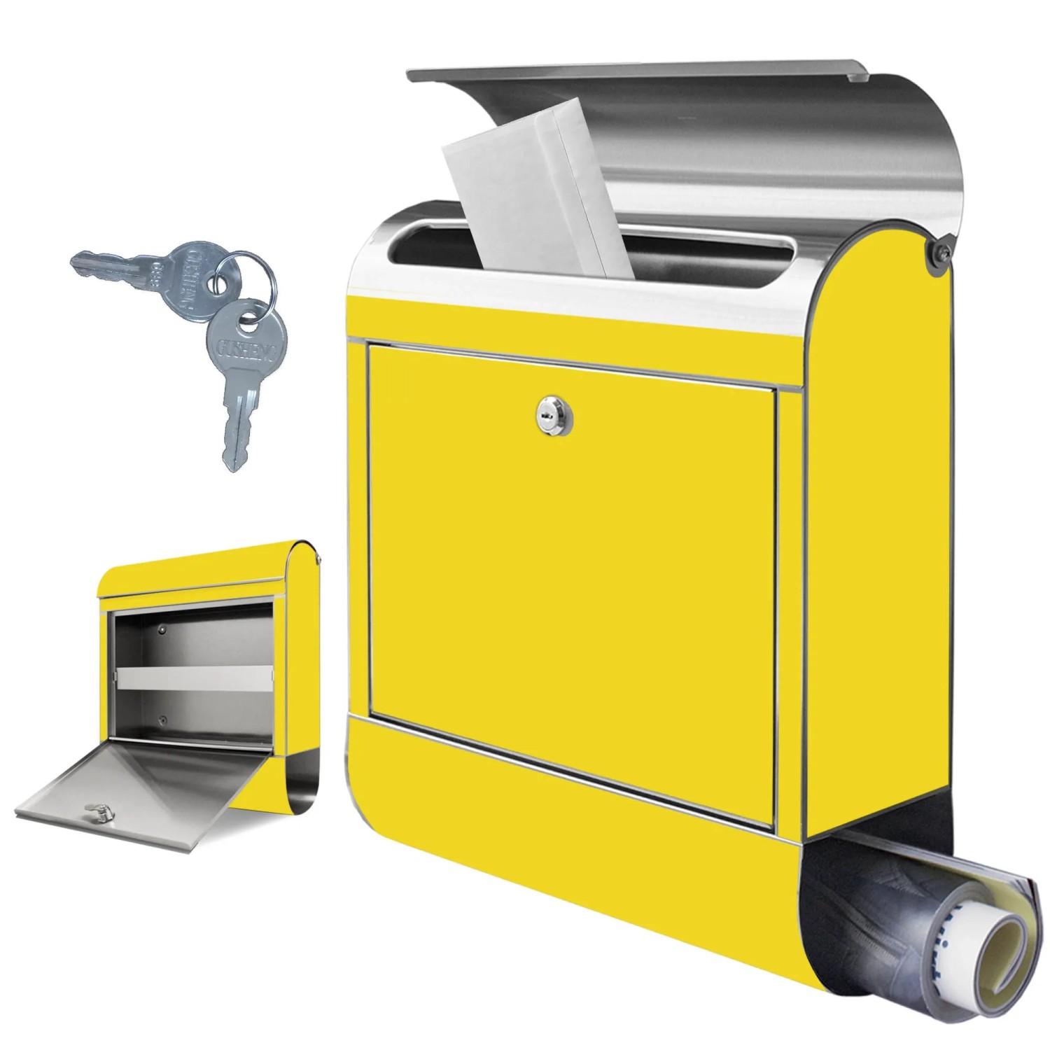 Edelstahl Briefkasten in Sonnengelb mit Zeitungsfach, rostfrei, 38x43x12.5cm.