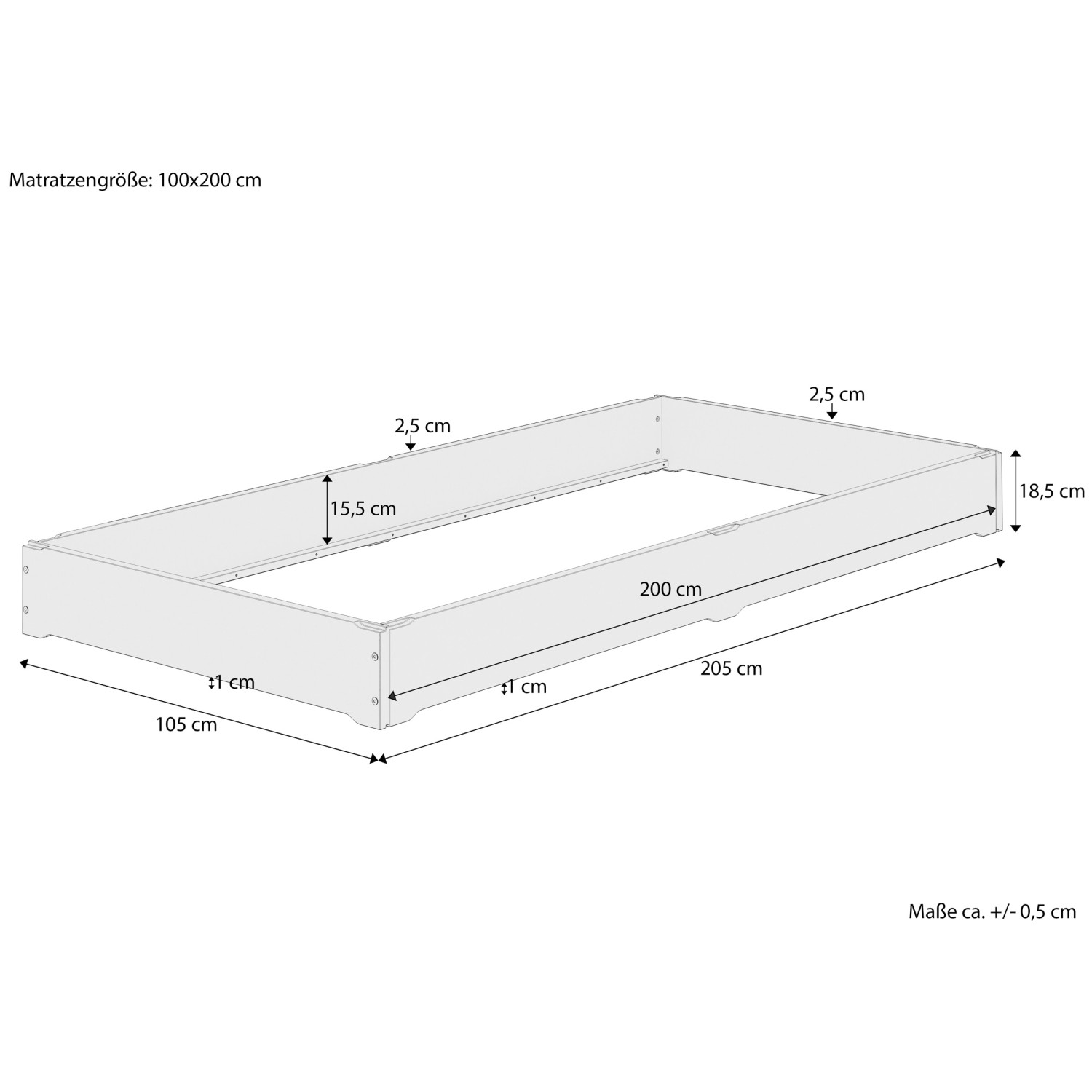 Skizze eines geölten Fichte Massivholz Stapelbetts 100x200 mit Maßangaben.