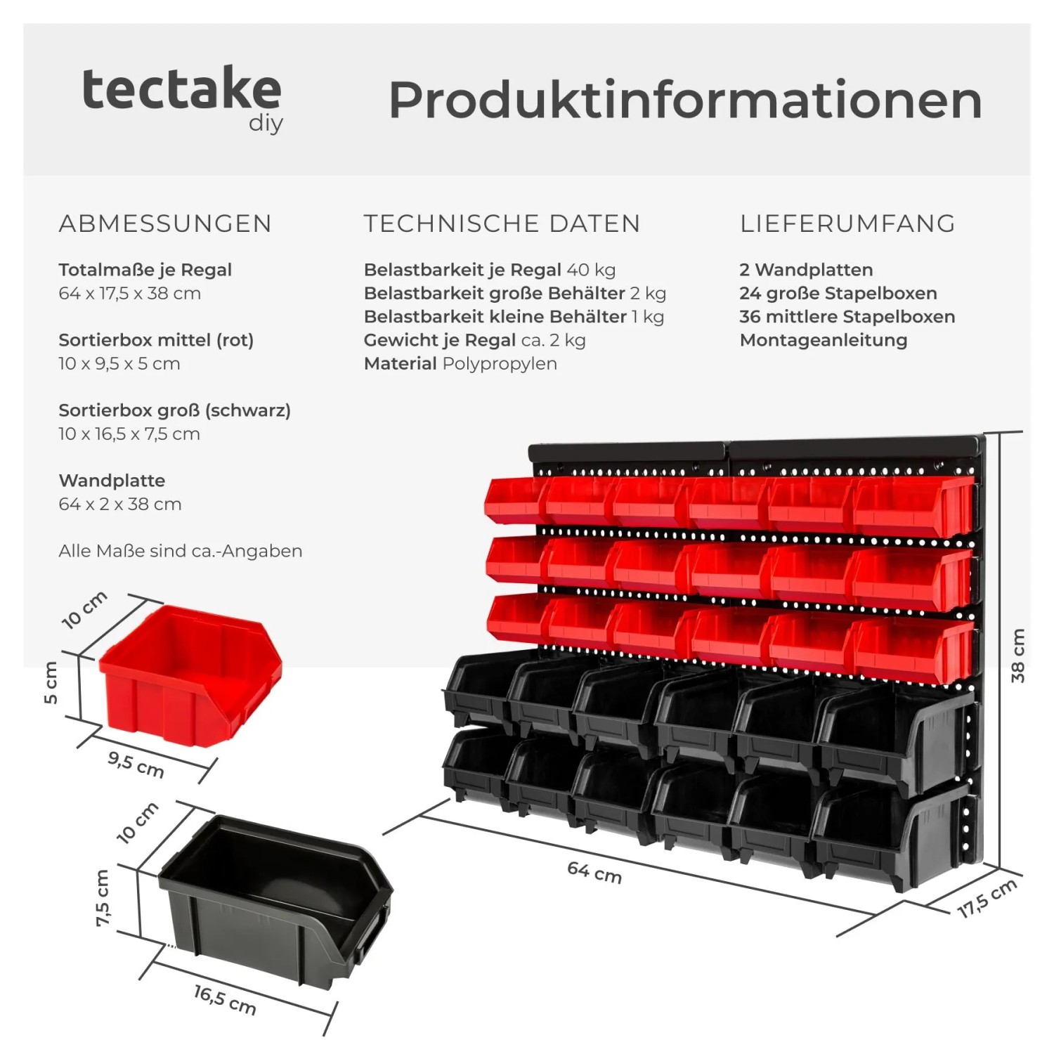 Wandregal-Set mit roten und schwarzen Stapelboxen zur Werkzeugaufbewahrung.
