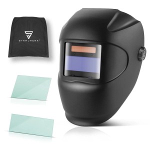 Schwarzer STAHLWERK Automatik Schweißhelm ROOKIE mit Verdunkelungsfilter, Tasche und Ersatzgläsern.