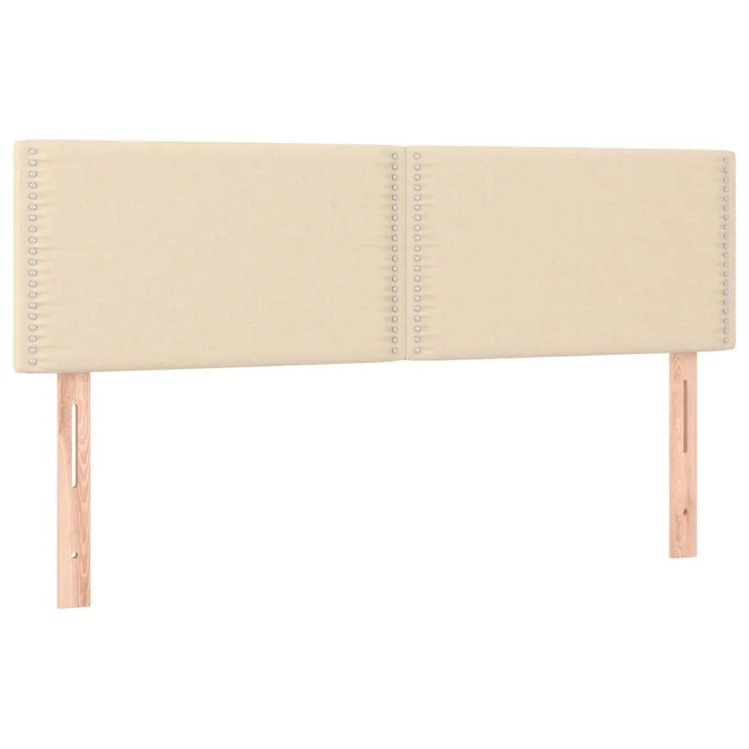 Cremefarbenes Boxspringbett Kopfteil mit Stoffbezug und Holzfüßen.