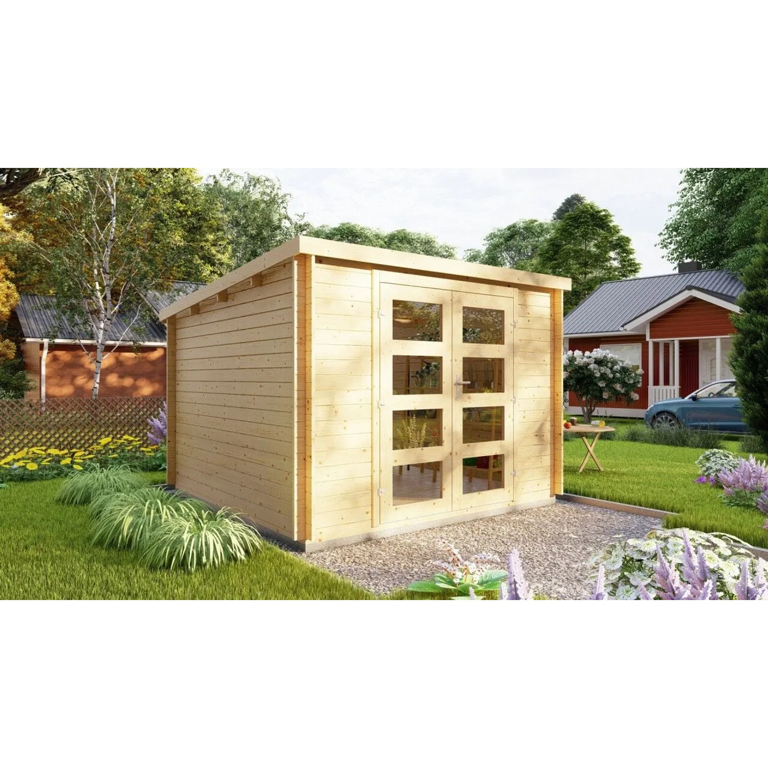 Finn Art Blockhaus 28mm Flachdach Gartenhaus Holz 3x2,4m Funny 1 mit Fußboden