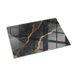 Rechteckige, schwarze Glasbodenplatte für Kamin mit Marmor-Optik und goldenen Adern.
