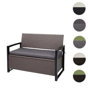 Grau-melierte 2er Poly-Rattan Gartenbank mit Staufach und grauen Kissen.