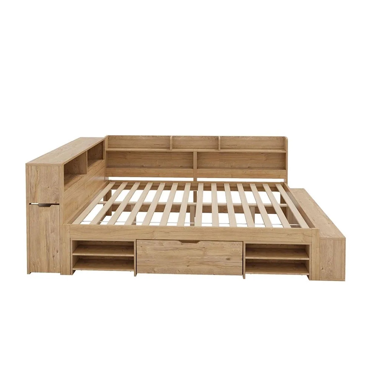 KOMHTOM Kinderbett 140 x 200 Cm  Stauraumbett  Massivholzbett  Einzelbett  Schubladen  Regale  Schrank  Matratze Nicht Enthalten  Naturholz