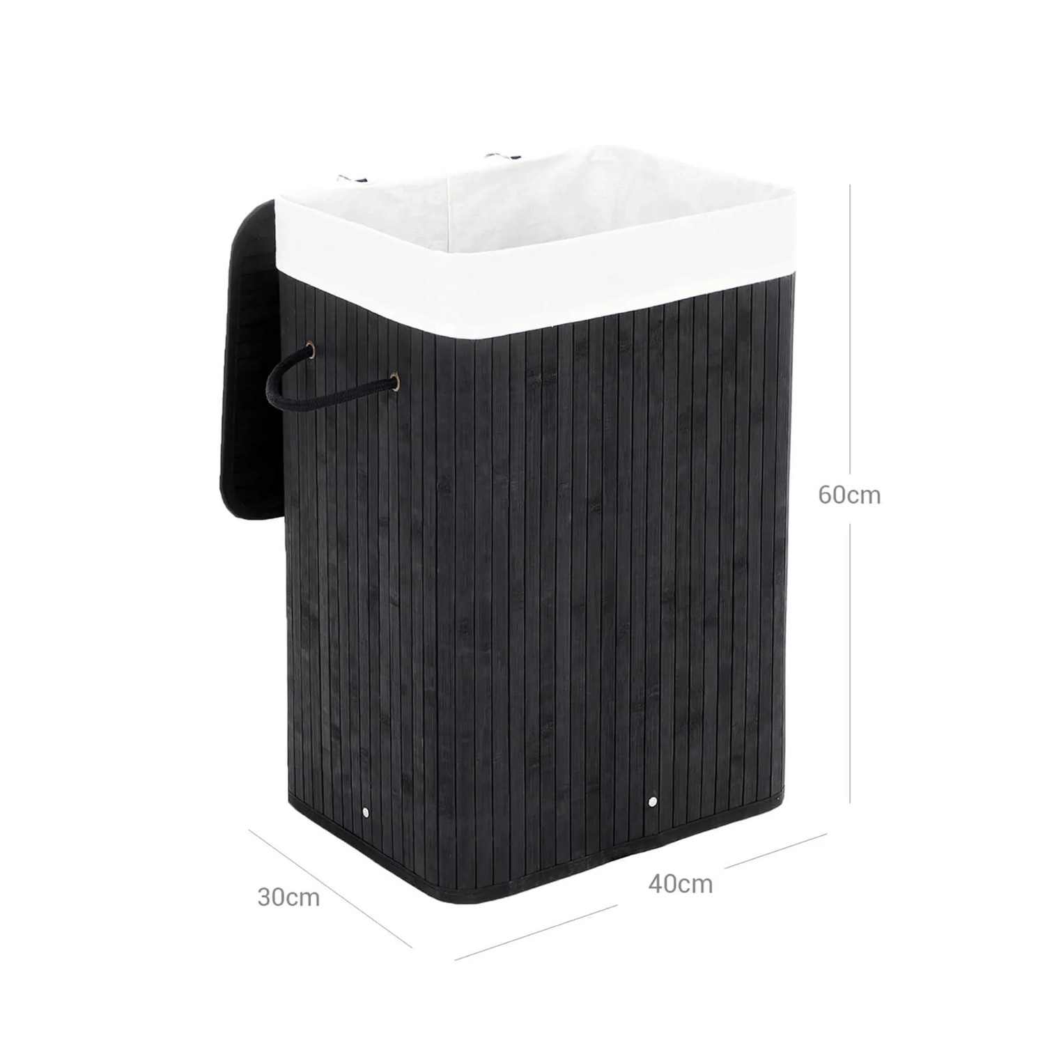 Schwarze Songmics Wäschetonne (72 l) mit Deckel und herausnehmbarem Innenbeutel. Bambus-Design.