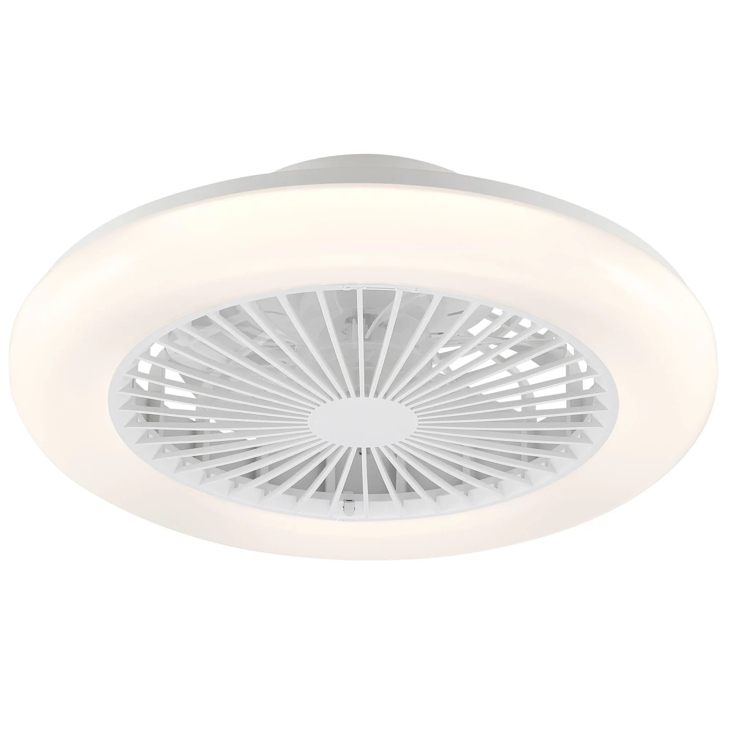Weiße LED-Deckenleuchte Montero mit Ventilator, runder Lampenschirm, Ø 42 cm.