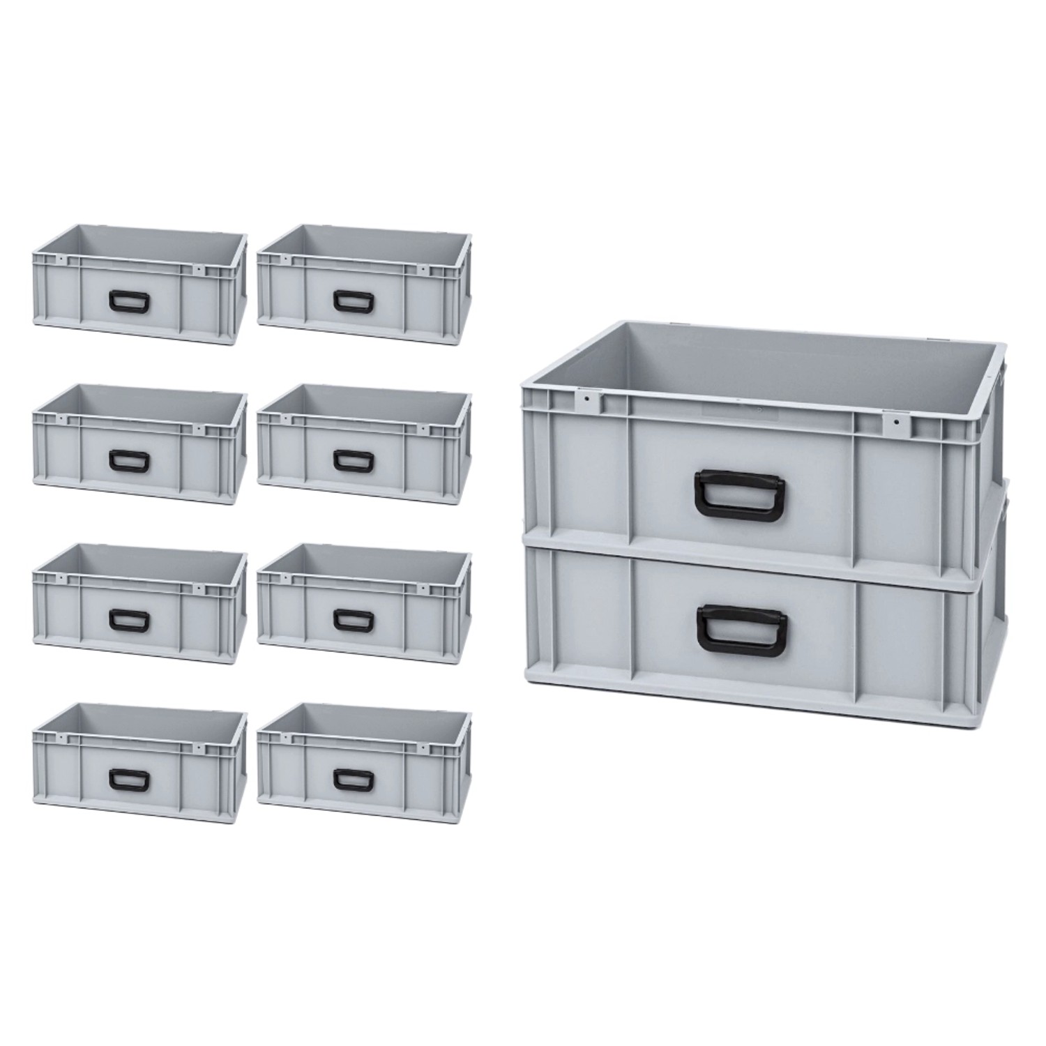 PROREGAL Spar Set: 10 graue Euroboxen Nextgen Portable Uno, 44 Liter, mit Griffmulden.