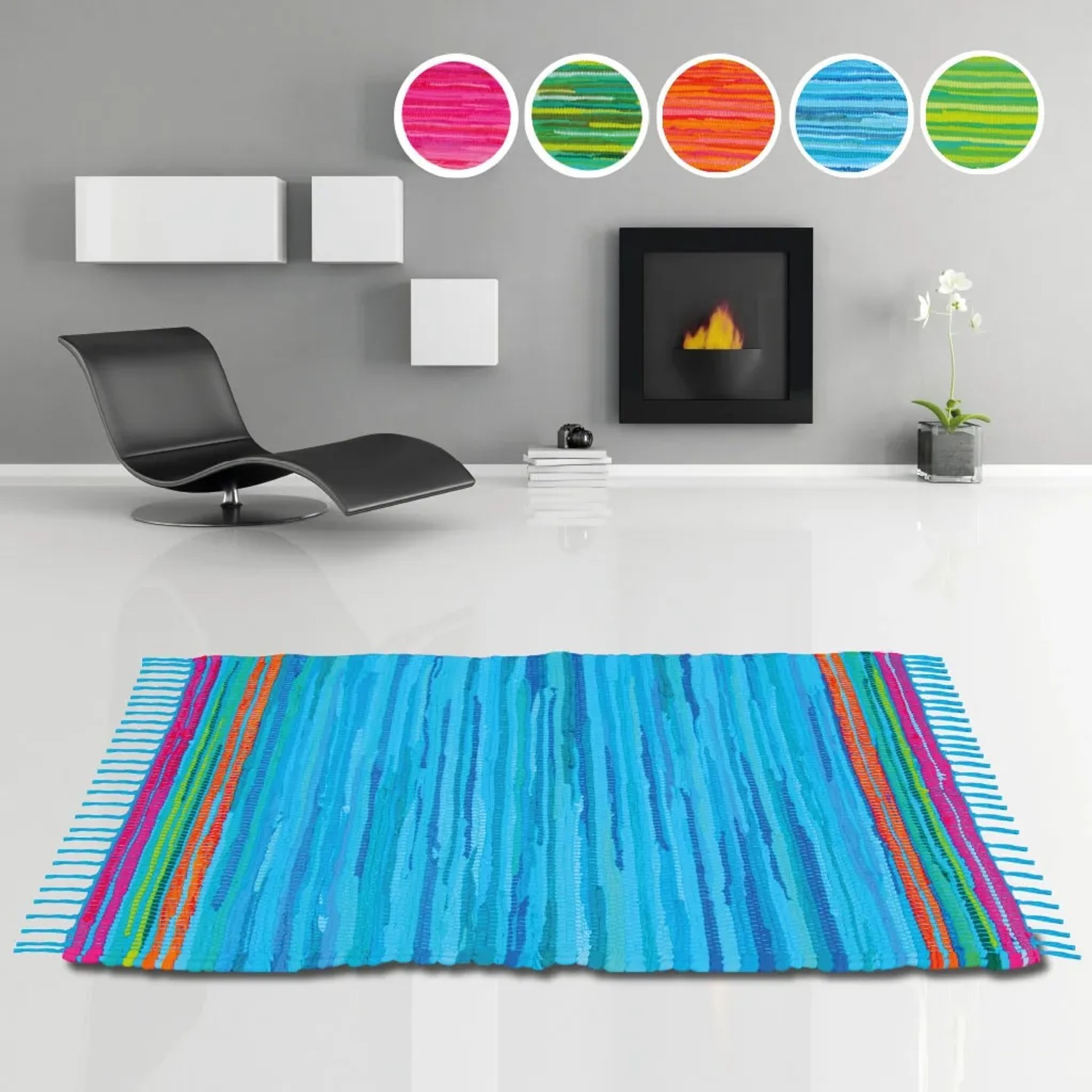 Blauer Bestlivings Flickenteppich Tonal 70x180 cm im modernen Wohnraum.