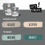 CREATE! by OBI Buntlack Lotta Schiefergrau, seidenmatt, 0,75 l Dose. Farbbeispiele und "Let's Create" Schriftzug.