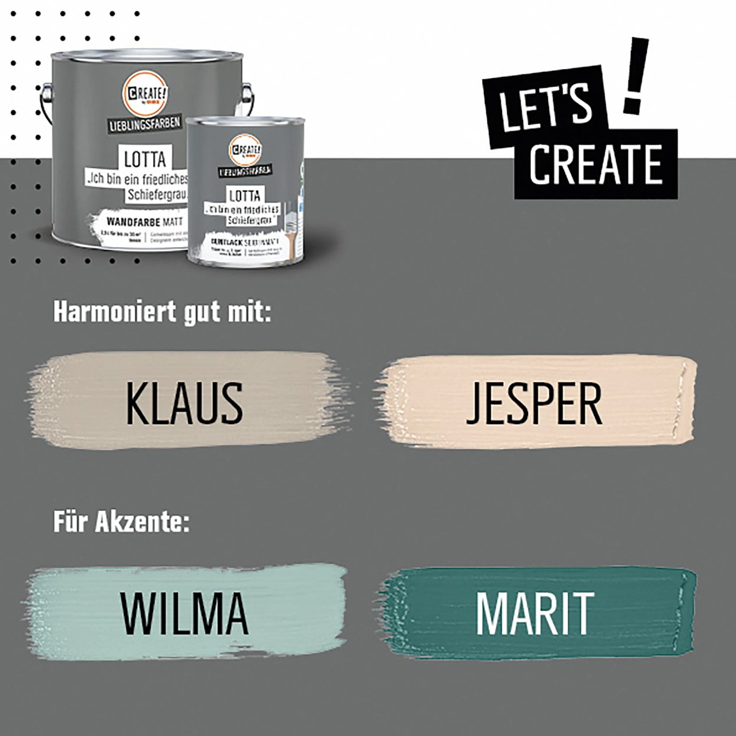 CREATE! by OBI Buntlack Lotta Schiefergrau, seidenmatt, 0,75 l Dose. Farbbeispiele und "Let's Create" Schriftzug.