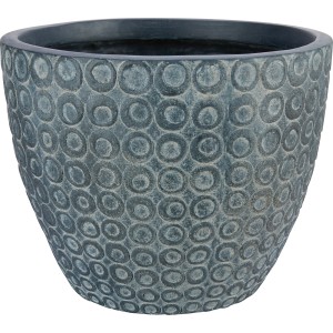 Dunkelgrauer Pflanztopf aus Faserton mit Kreis-Muster, Ø 37 cm.