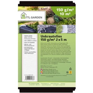 TTL GARDEN Unkrautvlies 150g/m² 2x5m Schwarz  10m² Extra Starkes Gartenvlies gegen Unkraut Mulchvlies Wasserdurchlässig