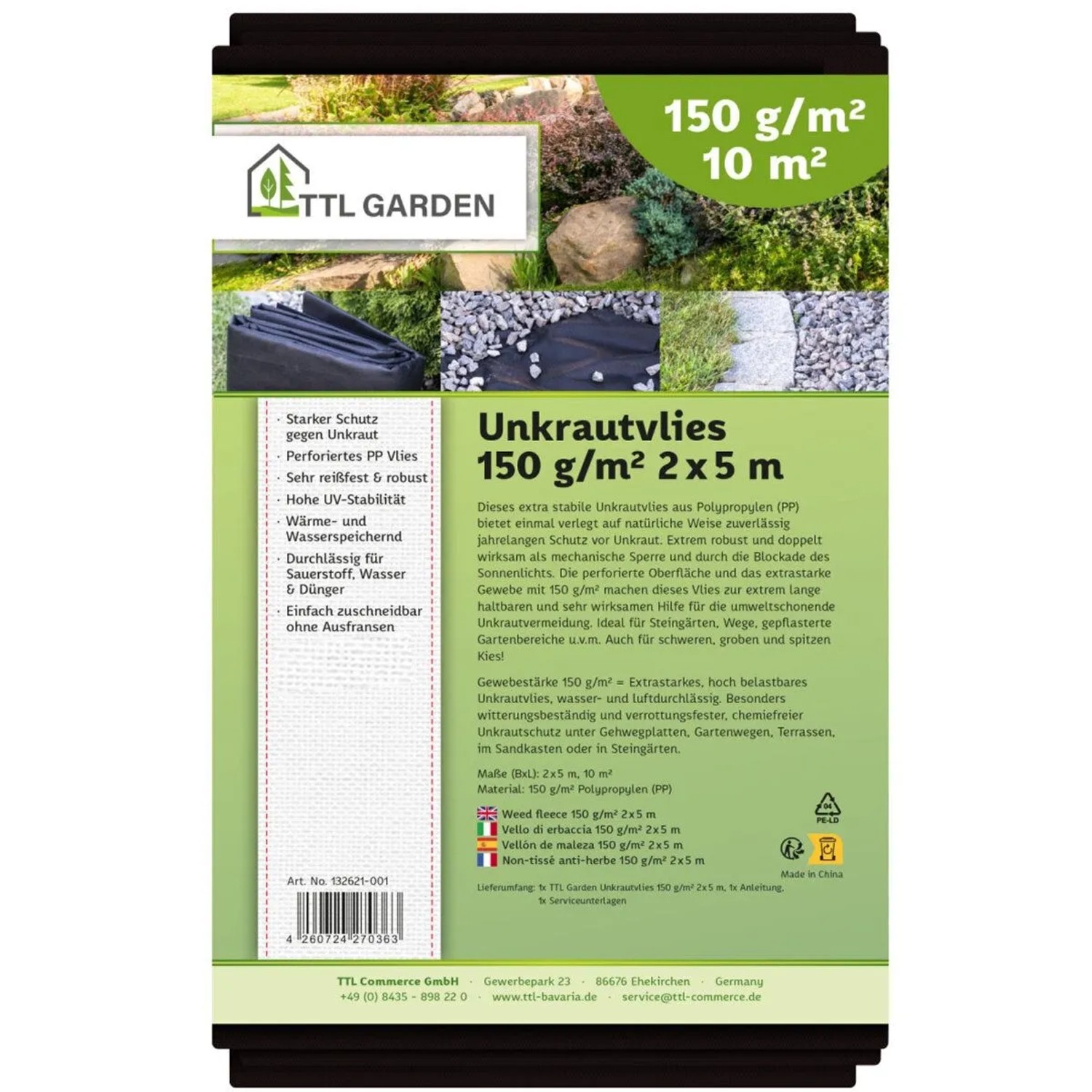 TTL GARDEN Unkrautvlies 150g/m² 2x5m Schwarz 10m² Extra Starkes Gartenvlies gegen Unkraut Mulchvlies Wasserdurchlässig