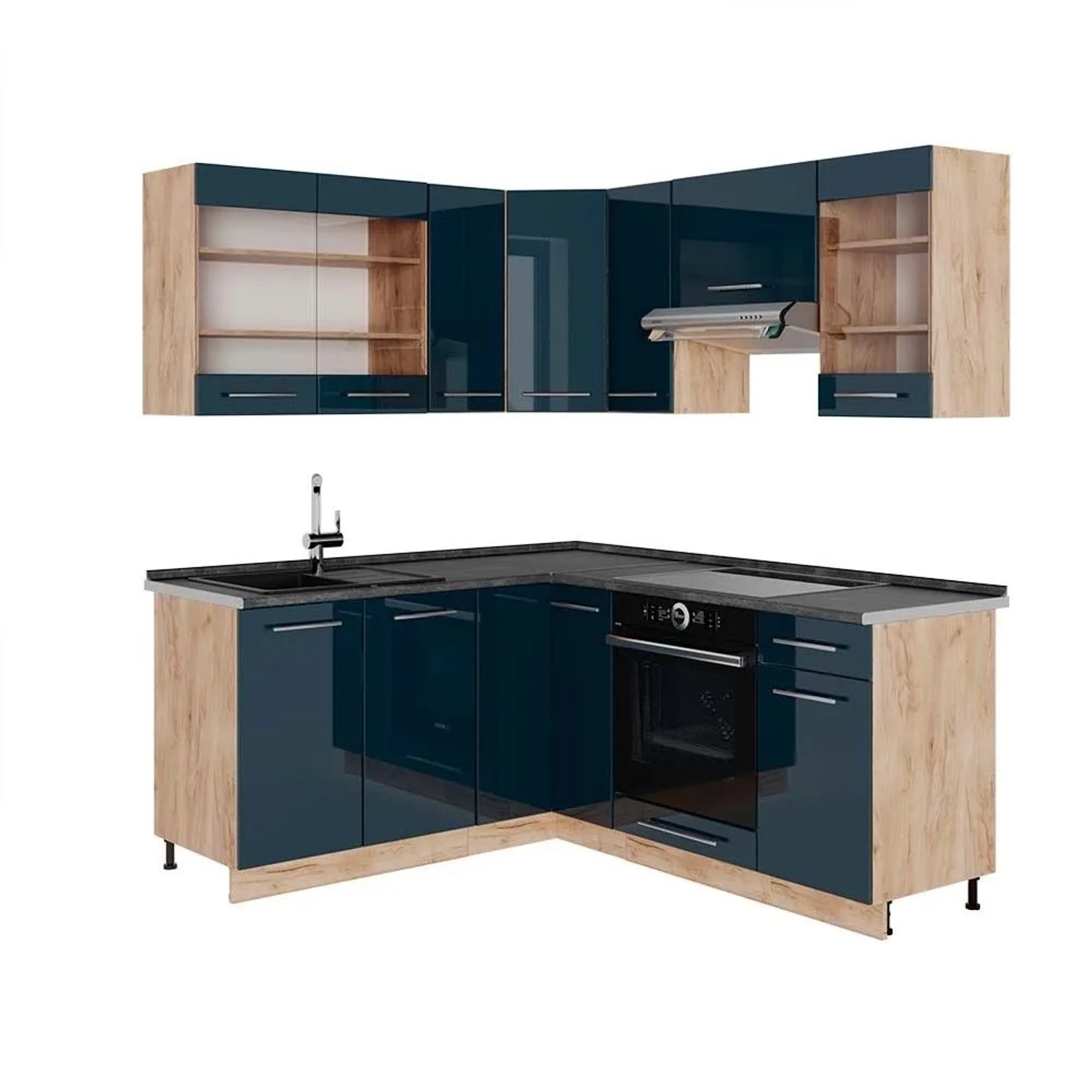 Vicco Eckküche Fame-Line Dunkelblau Hochglanz/Goldkraft Eiche 190 x 82, AP Anthrazit