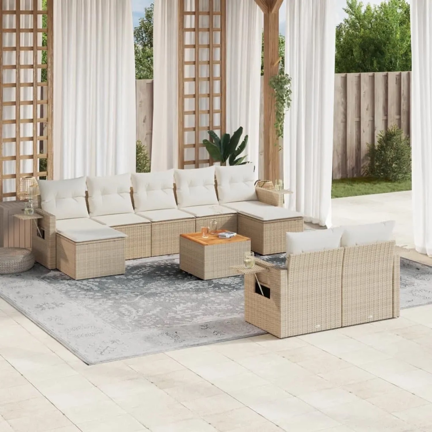 Beige 10-tlg. Garten-Sofagarnitur aus Poly Rattan mit Kissen und Tisch für Terrasse & Garten.
