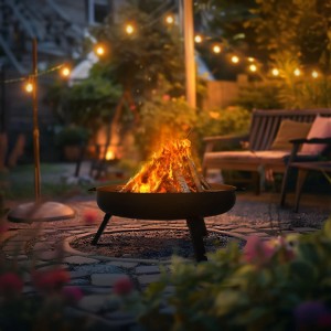 Schwarze ECD Germany Feuerschale (60cm) mit Flammen im Garten, klappbare Füße.