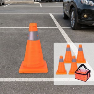 Orange faltbare Pylonen im 4er Set mit Reflektorstreifen auf Parkplatz. Ideal als Absperrbänder & Warnkegel.